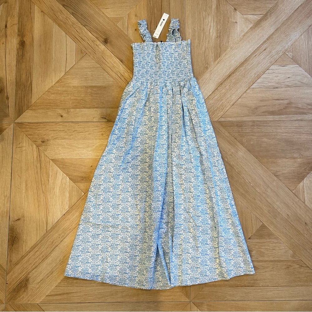 New with Tags! Bloomingdales Aqua printed cotton smocked midi dress light blue - Picture 6 of 6